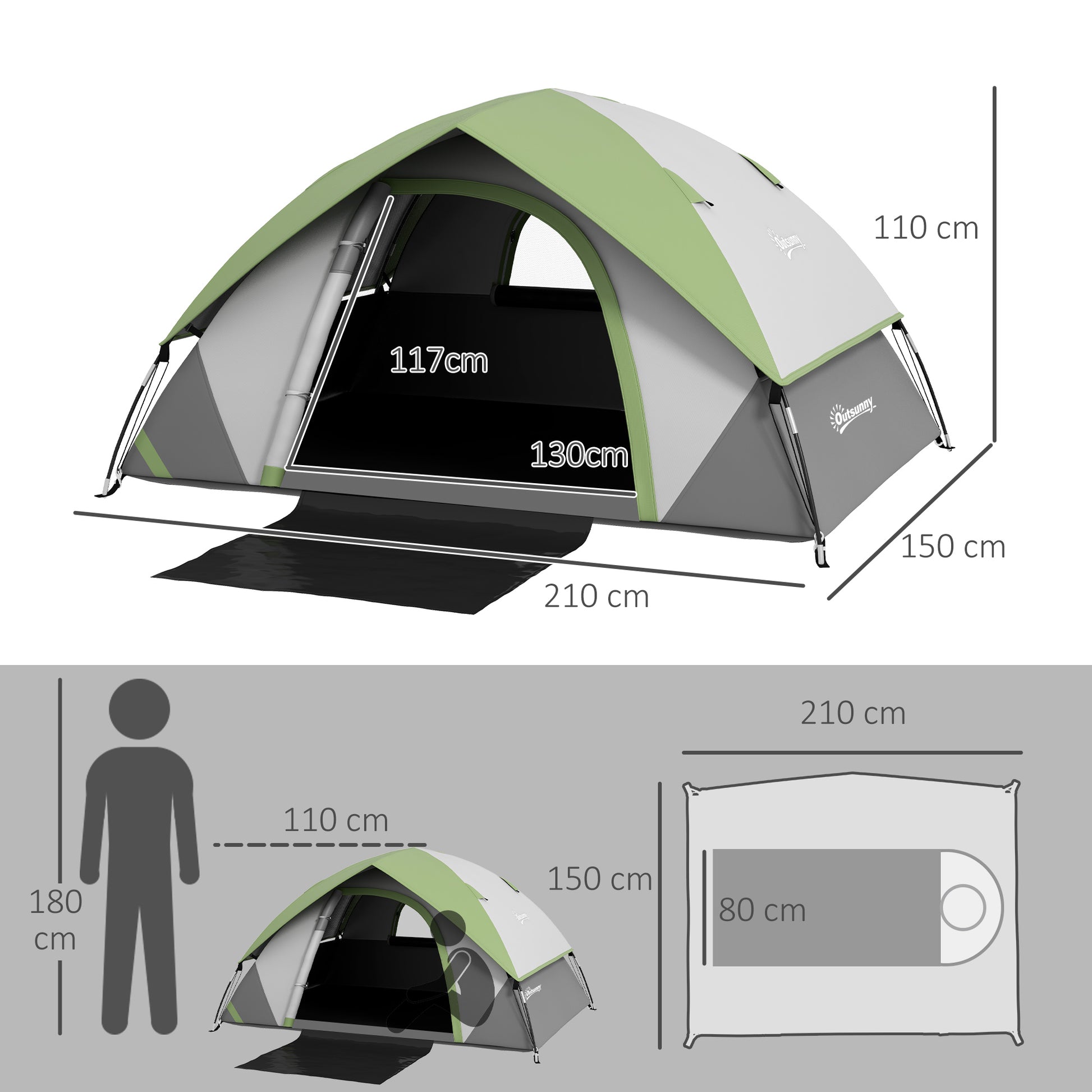 Camping Tent for 2 Person with Sewn-In Groundsheet, 3000Mm Waterproof