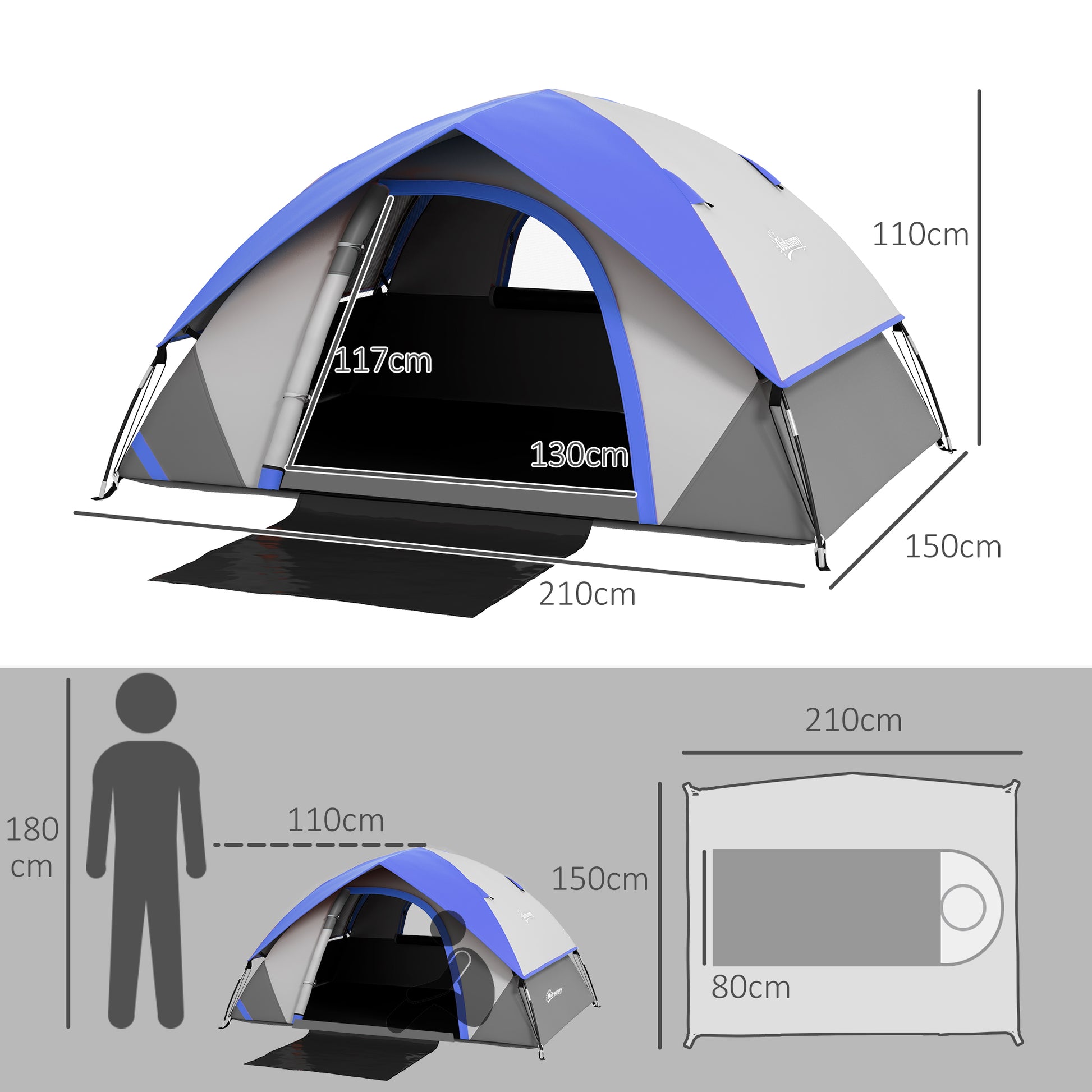 Camping Tent for 2 Person with Sewn-In Groundsheet, 3000Mm Waterproof